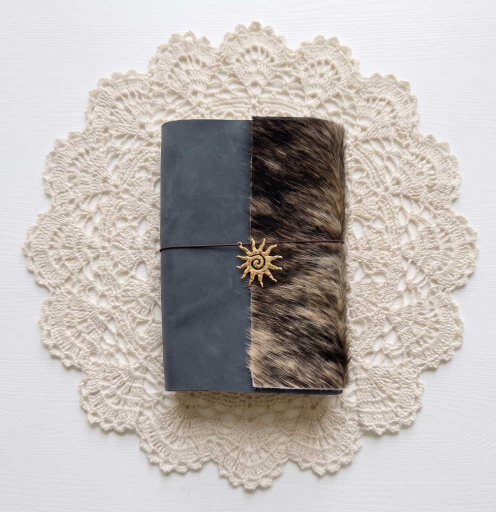 slate blue cowhide trifold with sun charm