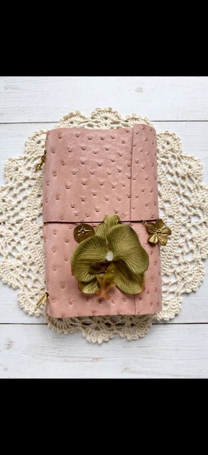 blush ostrich with orchid and gold flower charms