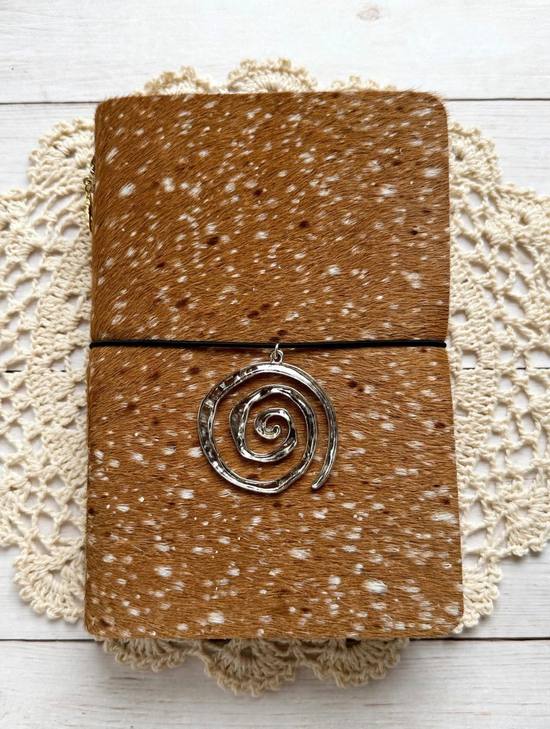 fawn deer hide journal with black elastic and silver spiral charm