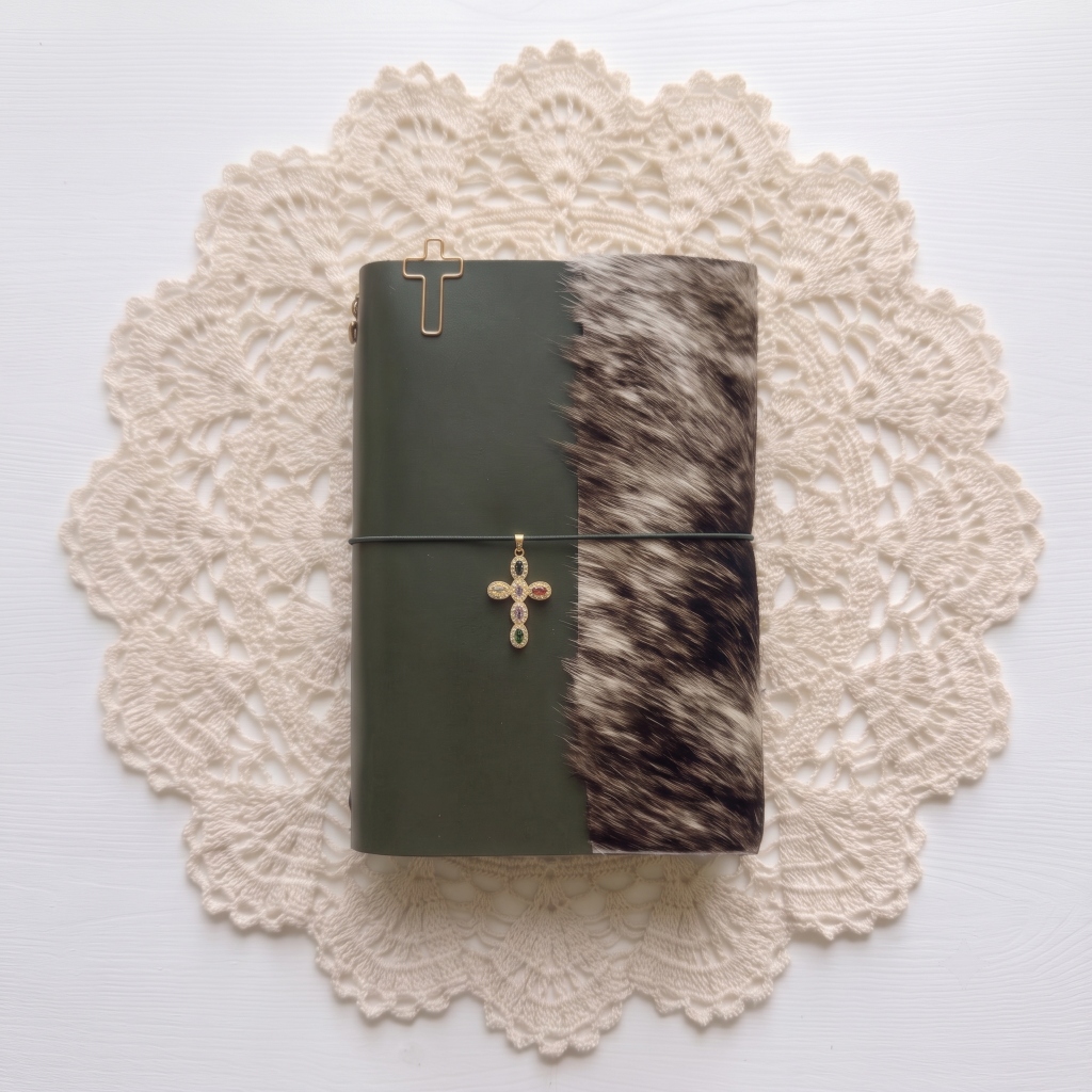 olive cowhide trifold with cross charm
