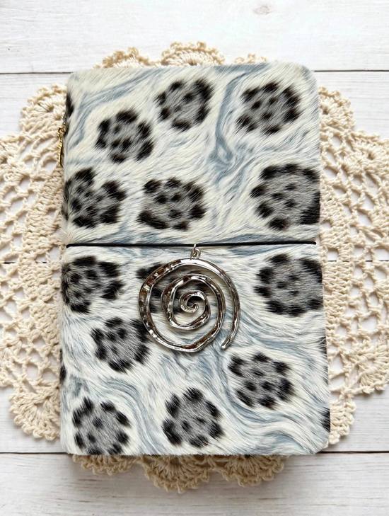 snow leopard print journal with black elastic and silver spiral charm